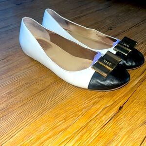 Kate Spade | White Ballet Flats with Black Leather Toe Cap with Gold Bows | 9